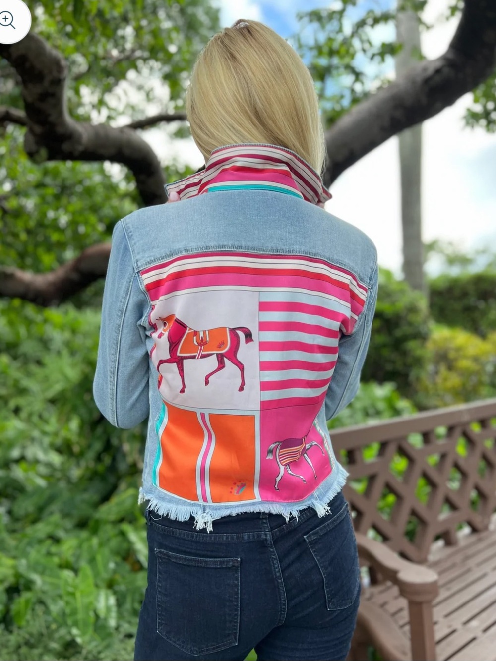 Stacy Bradley Light Blue Distressed Denim Jacket with silk horse trim- size med